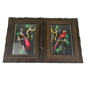 Feather Art Birds Dark Wooden Framed Colorful Set of 2 Vintage  Mexico